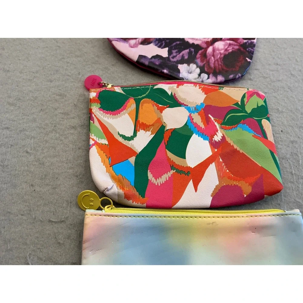 Ipsy Makeup Bag Set of 3 Floral Geometric Rainbow Zipper Pouches Small Travel